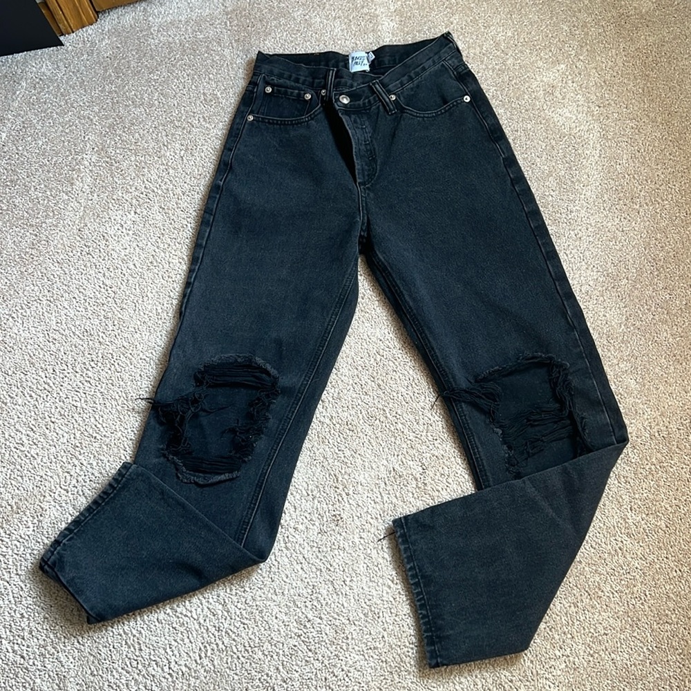 Princess Polly Black Holly Asymmetric Ripped Leg Denim Jeans   Size 0